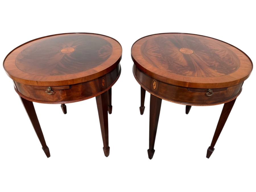 Just Added - Pair of Vintage Hekman Copley Place Oval Lamp Tables Featuring a Striking Flame Mahogany Veneer Top 26W X 22D X 23.5H
