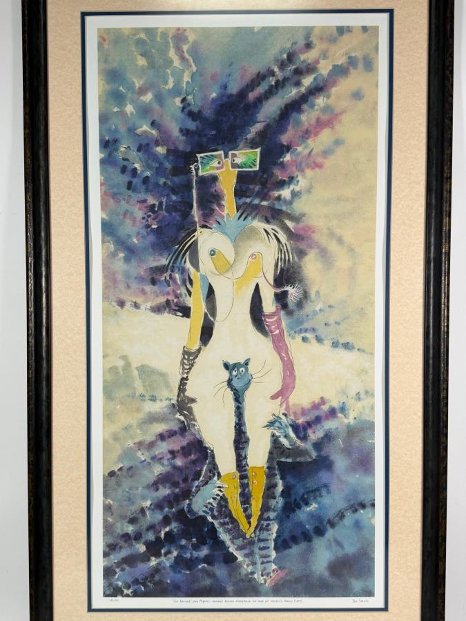 Just Added - Dr. Seuss (Theodor Geisel) Limited-Edition Serigraph Titled 'The Rather Odd Myopic Woman Riding Piggyback on One of Helen's Many Cats' Numbered 288 of 850 17.5 X 35 Framed 25 X 42.5 [Photo 17]