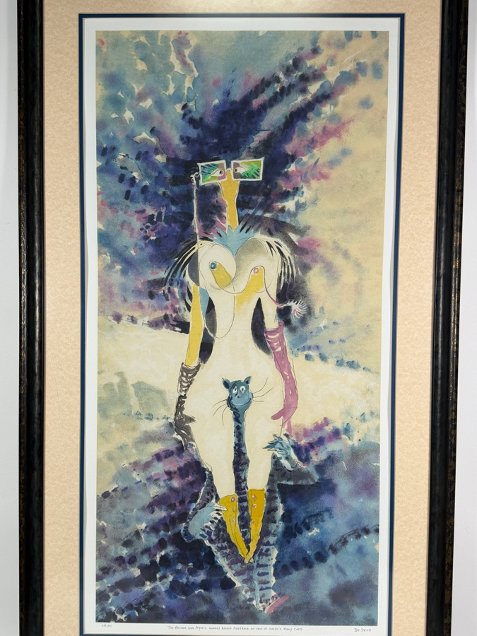 Just Added - Dr. Seuss (Theodor Geisel) Limited-Edition Serigraph Titled 'The Rather Odd Myopic Woman Riding Piggyback on One of Helen's Many Cats' Numbered 288 of 850 17.5 X 35 Framed 25 X 42.5 [Photo 3]