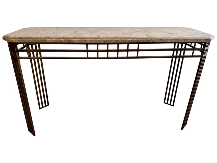 Just Added - 1980s Postmodern Style Bronze Finish Metal Base Console Table With Stone Top 52W X 18D X 29H