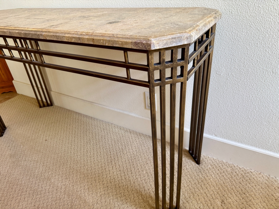 Just Added - 1980s Postmodern Style Bronze Finish Metal Base Console Table With Stone Top 52W X 18D X 29H [Photo 4]