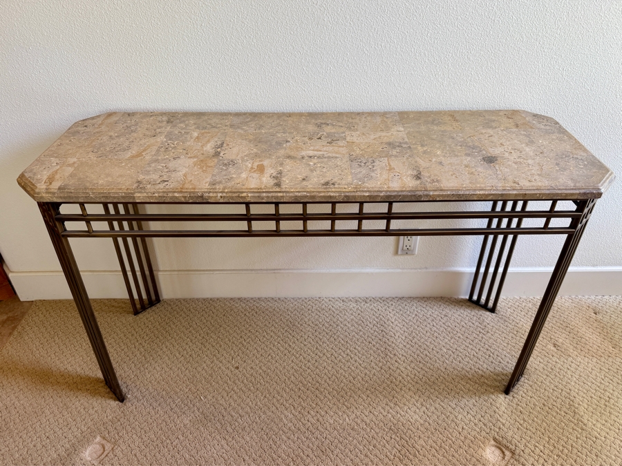 Just Added - 1980s Postmodern Style Bronze Finish Metal Base Console Table With Stone Top 52W X 18D X 29H [Photo 2]