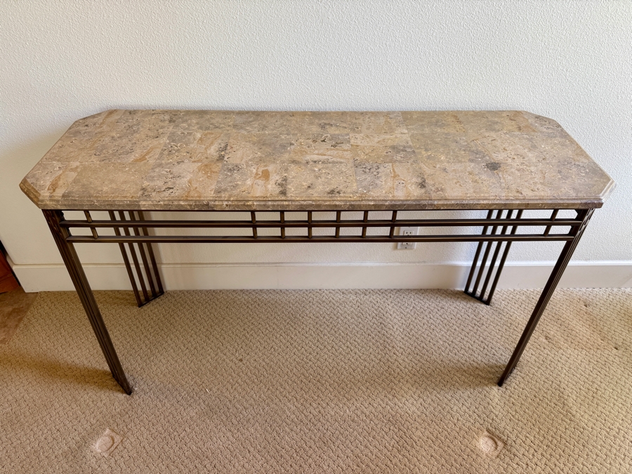 Just Added - 1980s Postmodern Style Bronze Finish Metal Base Console Table With Stone Top 52W X 18D X 29H [Photo 3]