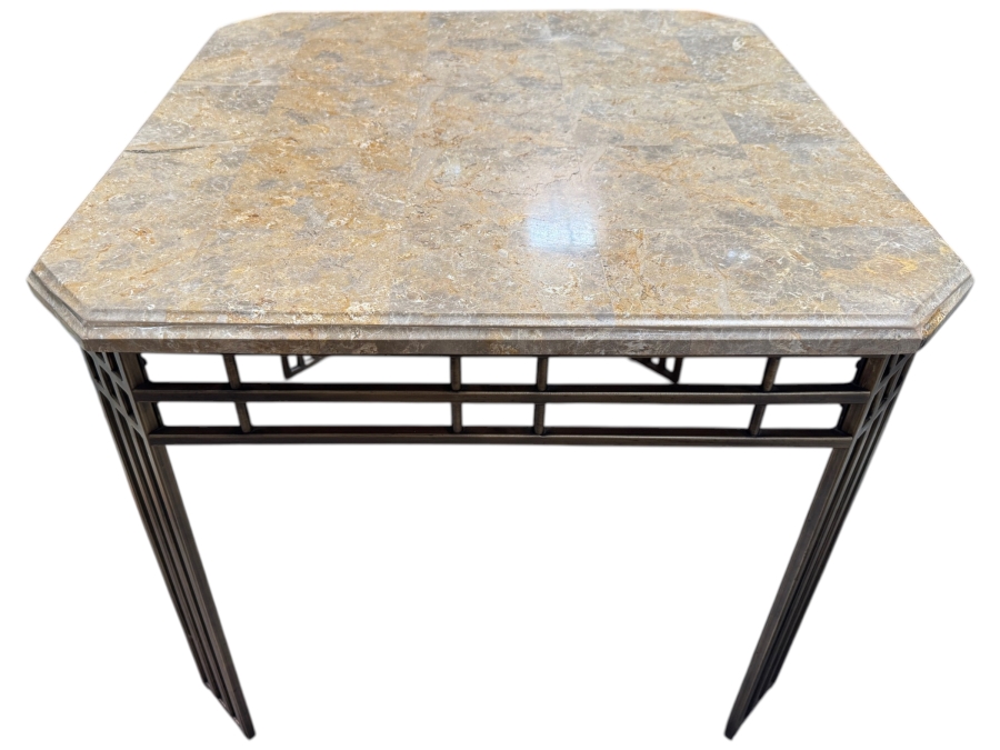 Just Added - 1980s Postmodern Style Bronze Finish Metal Base Console Table With Marble Top End / Side Table 27.5 X 27.5