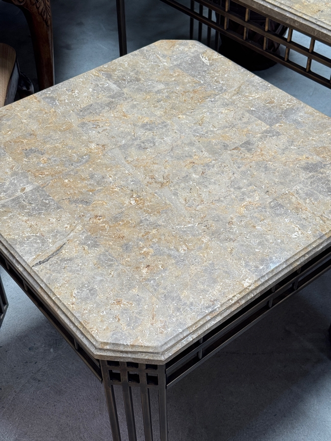 Just Added - 1980s Postmodern Style Bronze Finish Metal Base Console Table With Marble Top End / Side Table 27.5 X 27.5 [Photo 2]