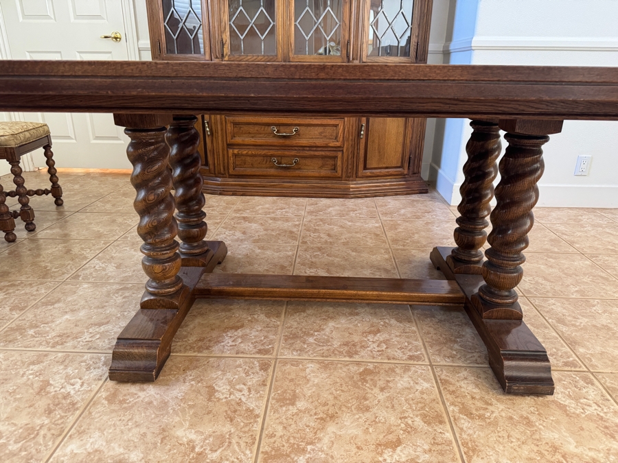 Vintage French Country Wooden Trestle Dining Table With Parquet Top And Barley Twist Legs Includes (2) 20' Leaves 89W X 44D X 31H [Photo 4]