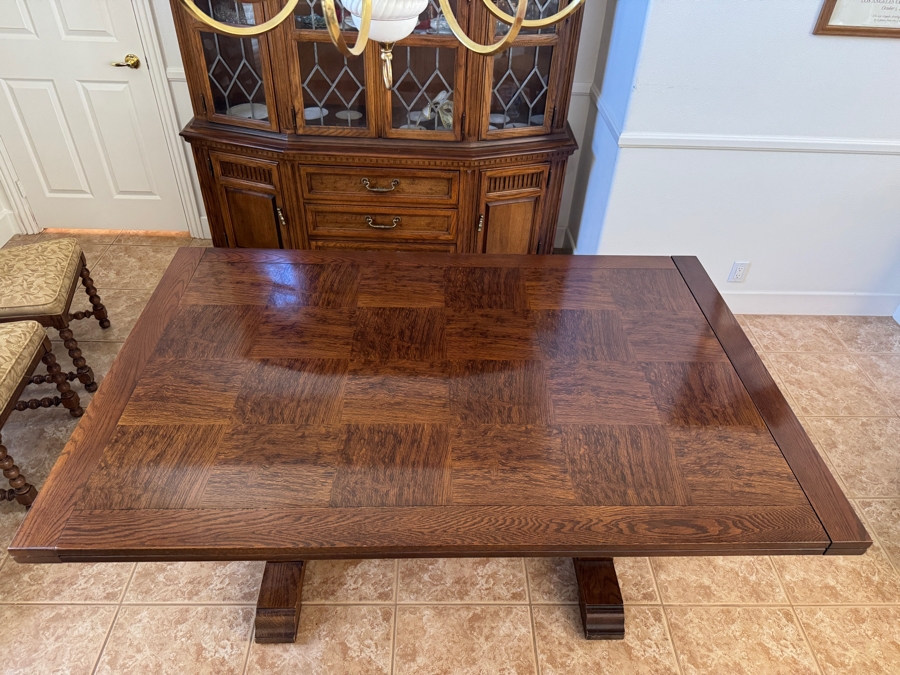 Vintage French Country Wooden Trestle Dining Table With Parquet Top And Barley Twist Legs Includes (2) 20' Leaves 89W X 44D X 31H [Photo 5]