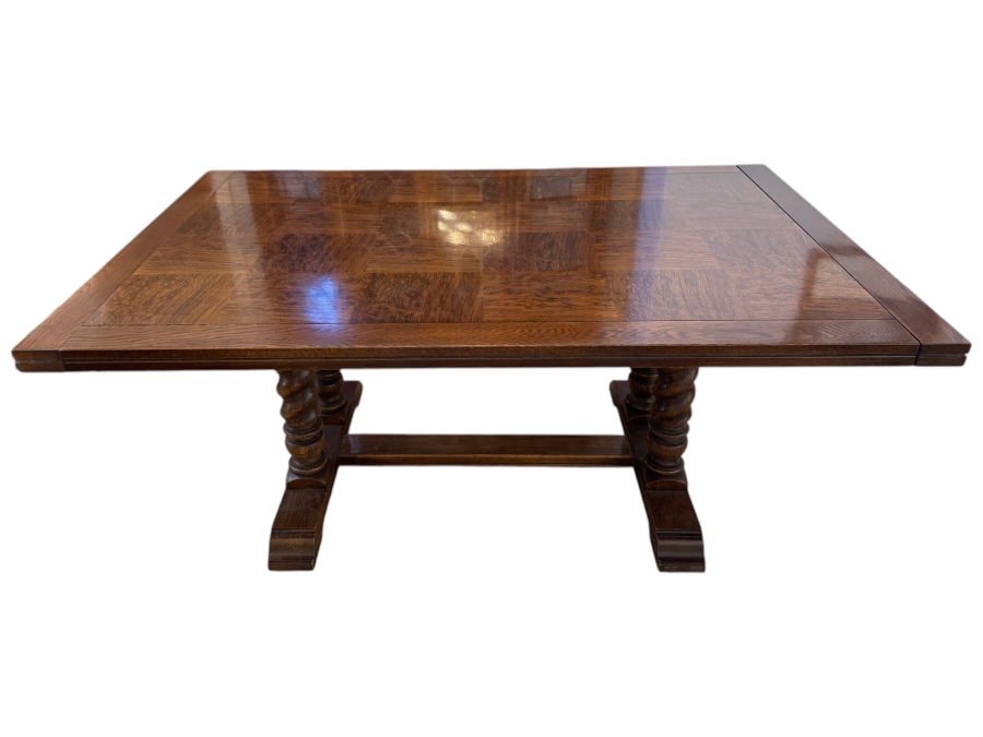 Vintage French Country Wooden Trestle Dining Table With Parquet Top And Barley Twist Legs Includes (2) 20' Leaves 89W X 44D X 31H