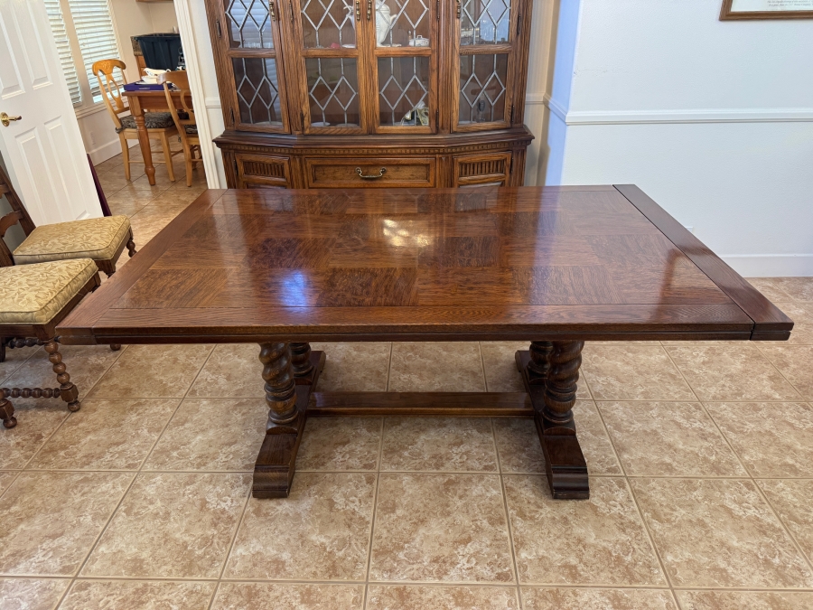 Vintage French Country Wooden Trestle Dining Table With Parquet Top And Barley Twist Legs Includes (2) 20' Leaves 89W X 44D X 31H [Photo 2]