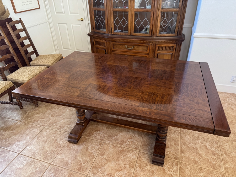 Vintage French Country Wooden Trestle Dining Table With Parquet Top And Barley Twist Legs Includes (2) 20' Leaves 89W X 44D X 31H [Photo 3]