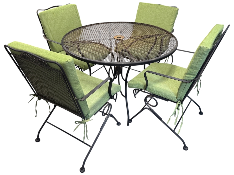 Just Added - Wrought Iron Patio Dining Set With Round Mesh Table And Four Spring Rocker Chairs 42'W