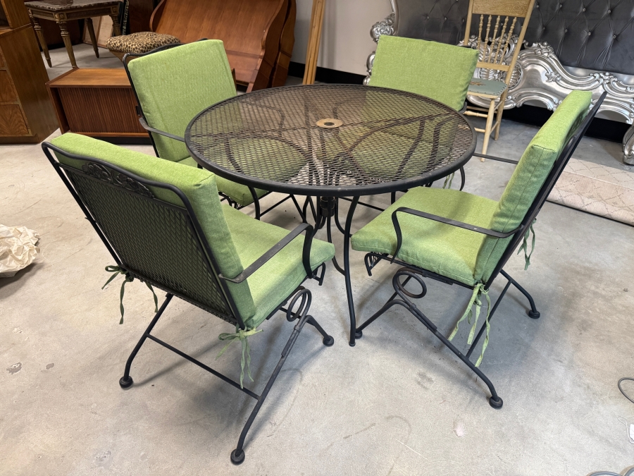 Just Added - Wrought Iron Patio Dining Set With Round Mesh Table And Four Spring Rocker Chairs 42'W [Photo 2]