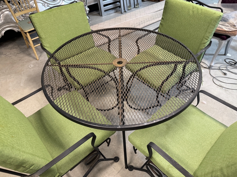 Just Added - Wrought Iron Patio Dining Set With Round Mesh Table And Four Spring Rocker Chairs 42'W [Photo 3]