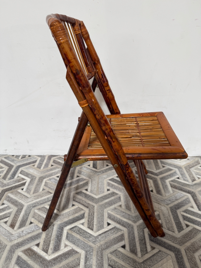 Just Added - Vintage Mid-Century Modern Tortoiseshell Burnt Bamboo Folding Accent Chair With Slatted Wood Seat 18W X 18D X 37H [Photo 3]