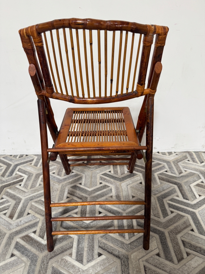 Just Added - Vintage Mid-Century Modern Tortoiseshell Burnt Bamboo Folding Accent Chair With Slatted Wood Seat 18W X 18D X 37H [Photo 4]