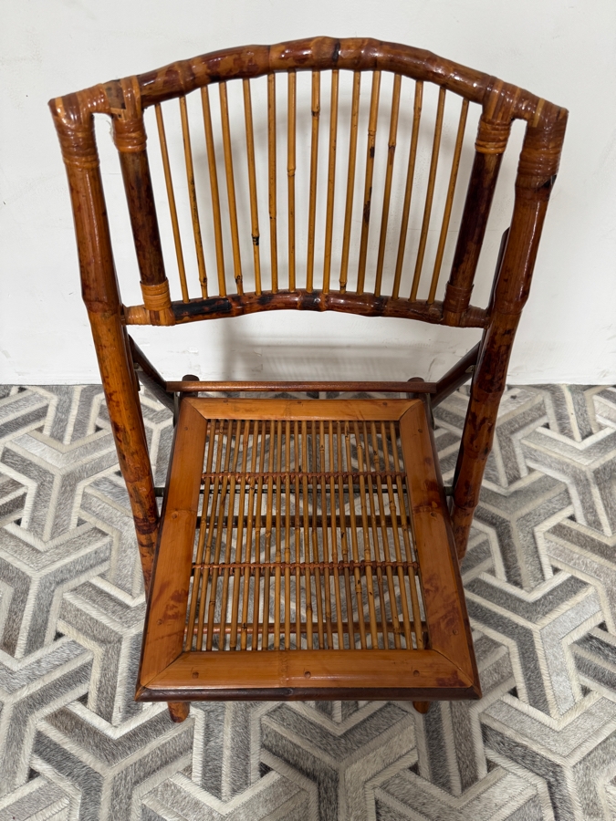 Just Added - Vintage Mid-Century Modern Tortoiseshell Burnt Bamboo Folding Accent Chair With Slatted Wood Seat 18W X 18D X 37H [Photo 2]