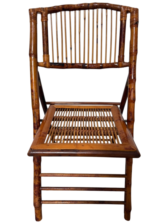 Just Added - Vintage Mid-Century Modern Tortoiseshell Burnt Bamboo Folding Accent Chair With Slatted Wood Seat 18W X 18D X 37H