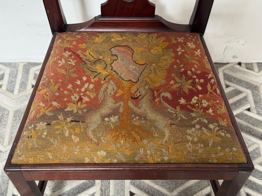 Just Added - Vintage Chippendale Style Mahogany Side Chair With Hand Woven Floral Needlepoint Seat 21W X 18D X 39H [Photo 2]