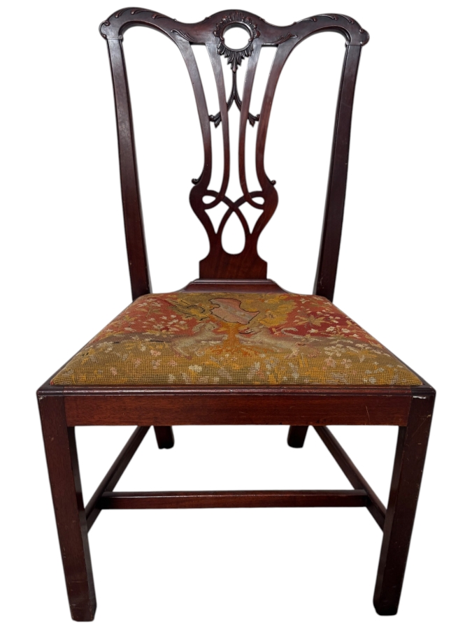 Just Added - Vintage Chippendale Style Mahogany Side Chair With Hand Woven Floral Needlepoint Seat 21W X 18D X 39H