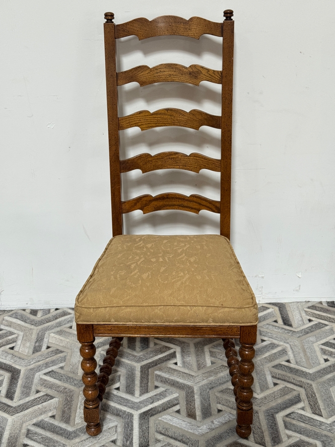 Just Added - Vintage French Country Style Oak Ladderback Dining Chairs Featuring Bobbin Turned Legs - Set Of Six 19W X 17D X 44H [Photo 3]