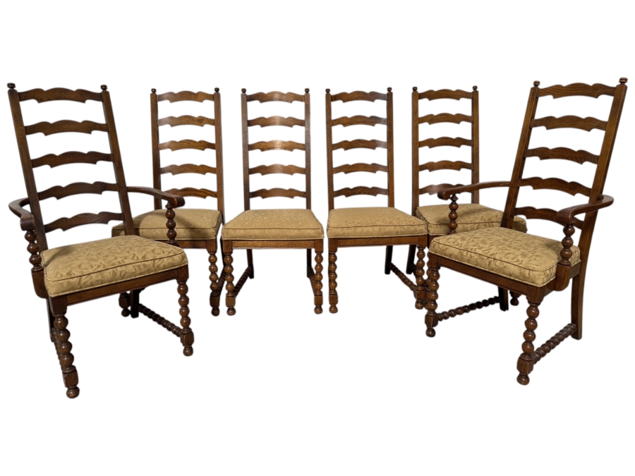 Just Added - Vintage French Country Style Oak Ladderback Dining Chairs Featuring Bobbin Turned Legs - Set Of Six 19W X 17D X 44H