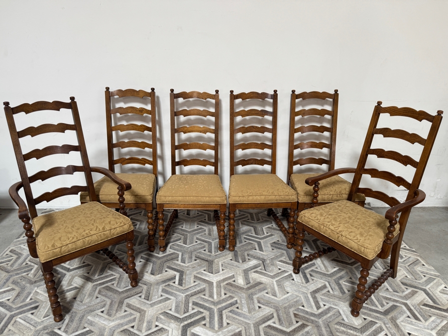 Just Added - Vintage French Country Style Oak Ladderback Dining Chairs Featuring Bobbin Turned Legs - Set Of Six 19W X 17D X 44H [Photo 2]