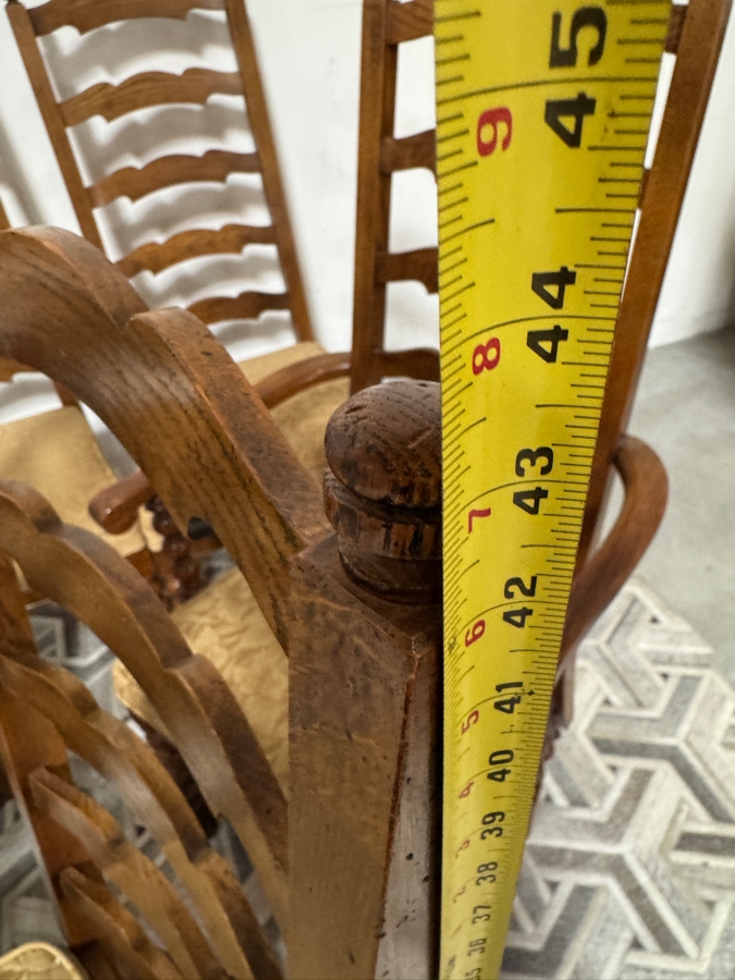 Just Added - Vintage French Country Style Oak Ladderback Dining Chairs Featuring Bobbin Turned Legs - Set Of Six 19W X 17D X 44H [Photo 9]
