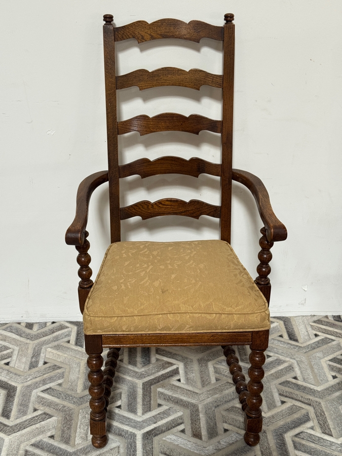 Just Added - Vintage French Country Style Oak Ladderback Dining Chairs Featuring Bobbin Turned Legs - Set Of Six 19W X 17D X 44H [Photo 6]