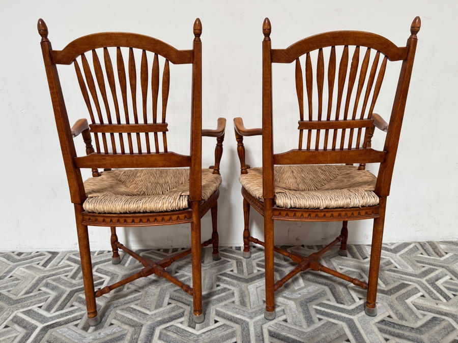 Just Added - Pair Of Vintage French Country Style Maple Armchairs Featuring Carved Wheat Sheaf Spindles And Rush Seats 22W X 20D X 40H [Photo 5]
