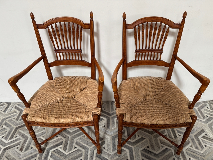 Just Added - Pair Of Vintage French Country Style Maple Armchairs Featuring Carved Wheat Sheaf Spindles And Rush Seats 22W X 20D X 40H [Photo 2]