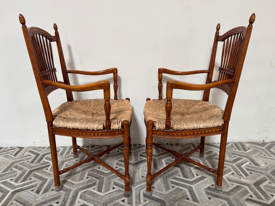 Just Added - Pair Of Vintage French Country Style Maple Armchairs Featuring Carved Wheat Sheaf Spindles And Rush Seats 22W X 20D X 40H [Photo 4]