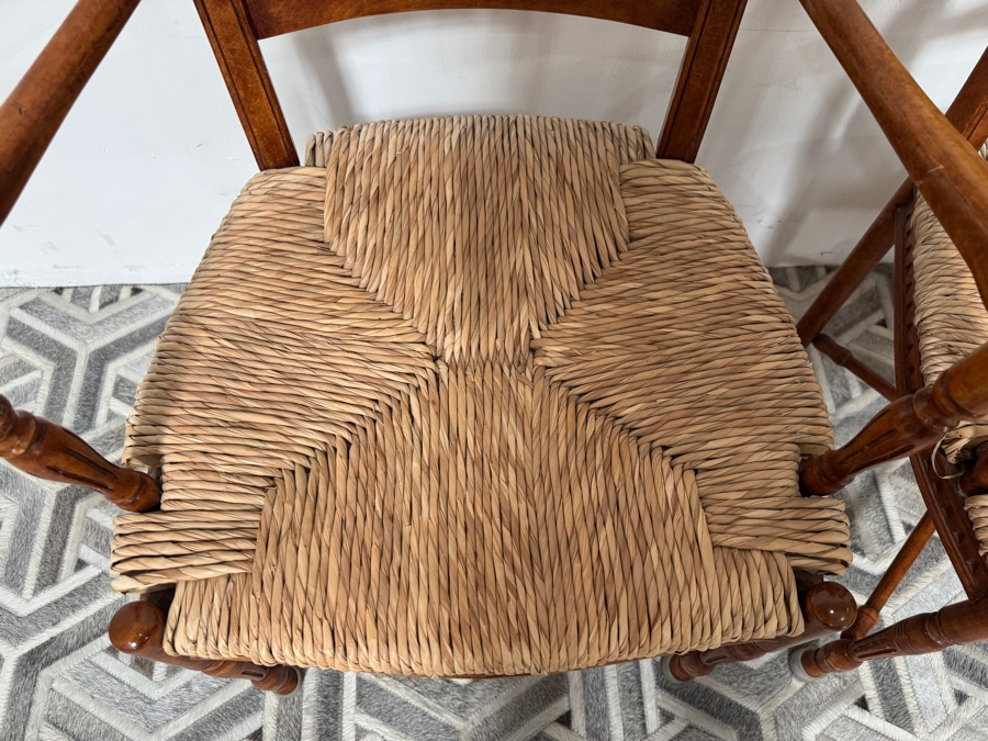 Just Added - Pair Of Vintage French Country Style Maple Armchairs Featuring Carved Wheat Sheaf Spindles And Rush Seats 22W X 20D X 40H [Photo 3]