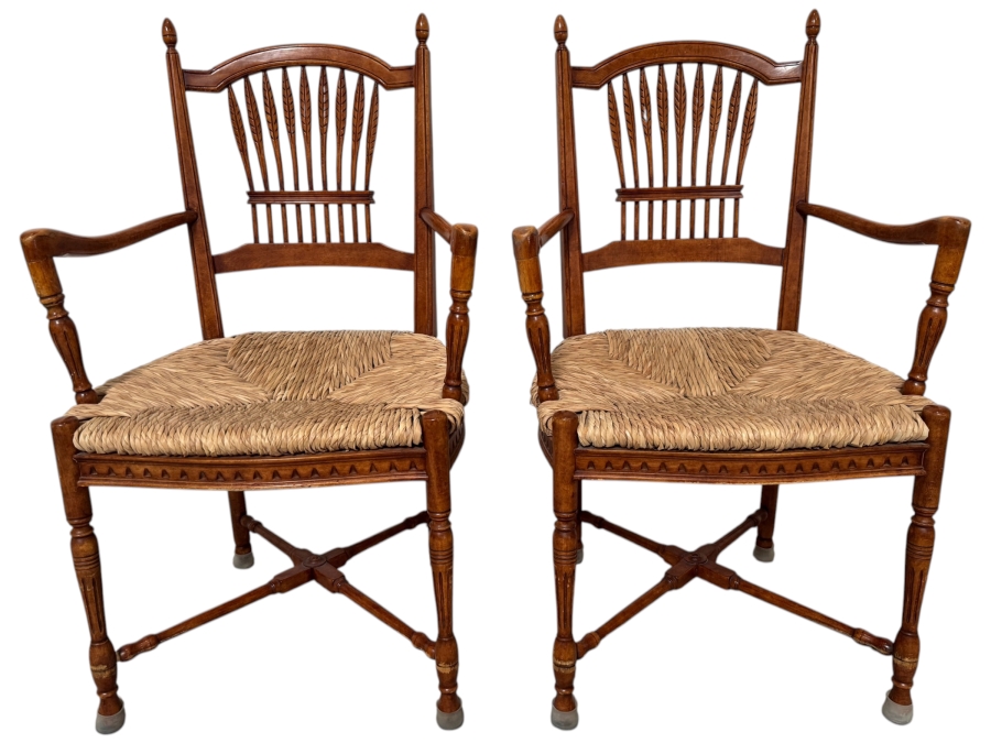 Just Added - Pair Of Vintage French Country Style Maple Armchairs Featuring Carved Wheat Sheaf Spindles And Rush Seats 22W X 20D X 40H