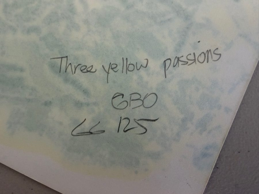 Gerrit Greve (1948-2024, Cardiff by the Sea, CA) Original Acrylic Painting On Paper Titled 'Three Yellow Passions' 1987 Signed Lower Right 26 X 20 Estimate $500 - $700 [Photo 9]