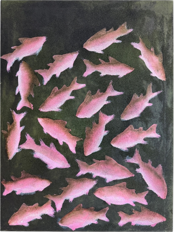 Gerrit Greve (1948-2024, Cardiff by the Sea, CA) Original Acrylic Mixed-Media Sand Painting On Canvas Titled 'Fish Dreams #5' 1999 Signed Verso 30 X 40 Estimate $1,200 - $1,500