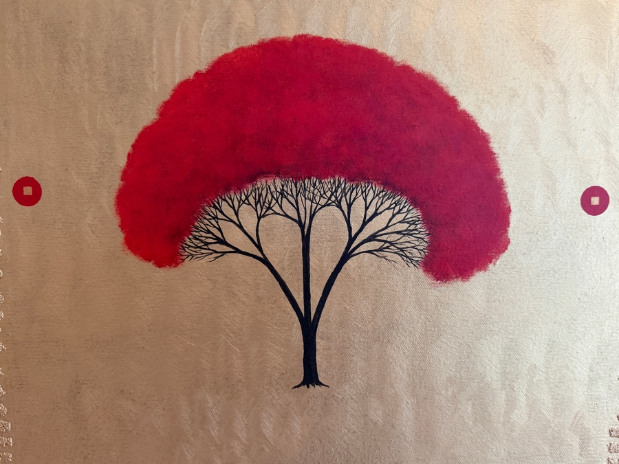Gerrit Greve (1948-2024, Cardiff by the Sea, CA) Original Acrylic Sand Painting On Canvas Titled '5 Coin Trinitree' Signed Verso 48 X 60 Estimate $2,900 - $3,600 [Photo 4]