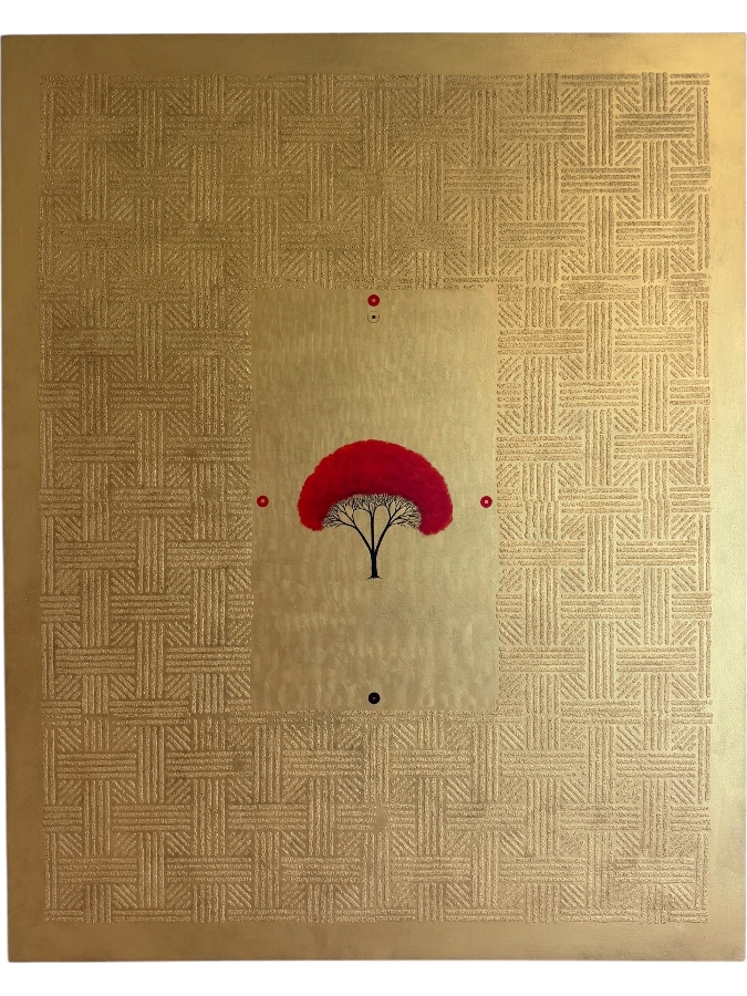 Gerrit Greve (1948-2024, Cardiff by the Sea, CA) Original Acrylic Sand Painting On Canvas Titled '5 Coin Trinitree' Signed Verso 48 X 60 Estimate $2,900 - $3,600