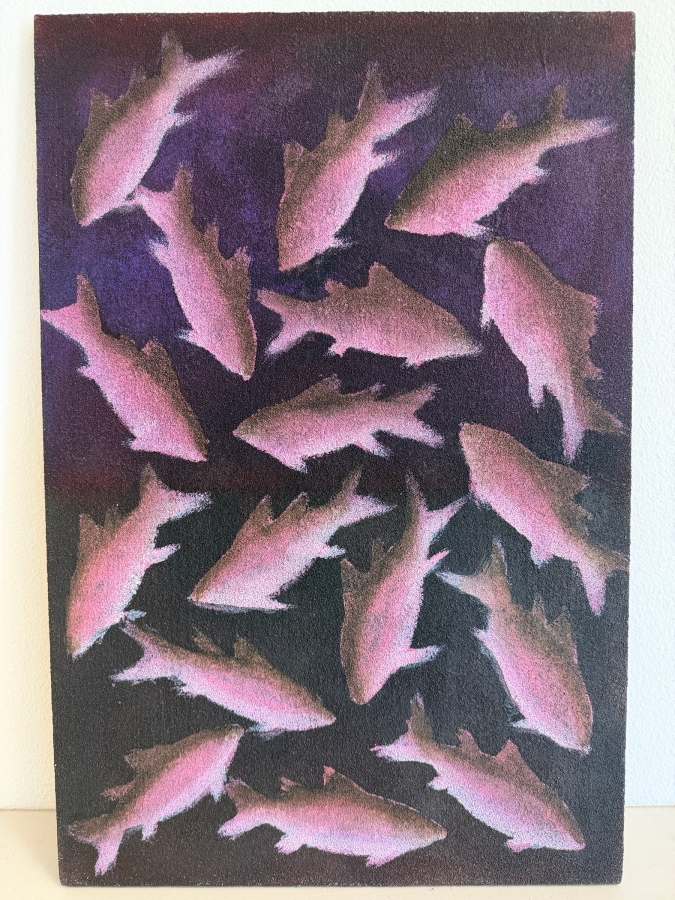 Gerrit Greve (1948-2024, Cardiff by the Sea, CA) Original Acrylic Mixed-Media Sand Painting On Canvas Titled 'Fish Dreams #4' 1999 Signed Verso 24 X 36 Estimate $900 - $1,100 [Photo 2]