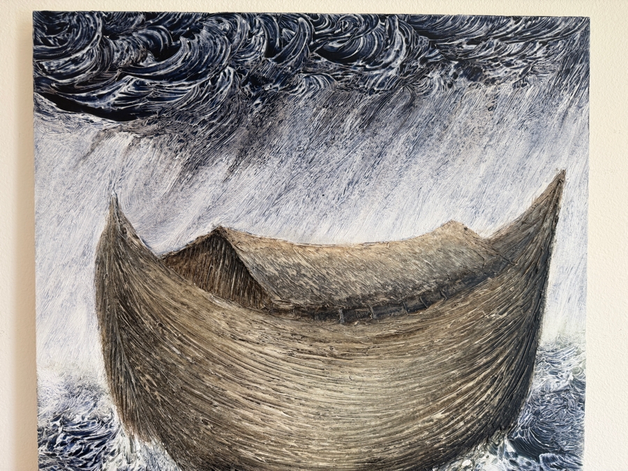 Gerrit Greve (1948-2024, Cardiff by the Sea, CA) Original Acrylic Diptych Painting On Canvas Titled 'Noah's Ark The 33rd Day' 2004 Signed Verso 30 X 48 Estimate $1,400 - $1,800 [Photo 4]