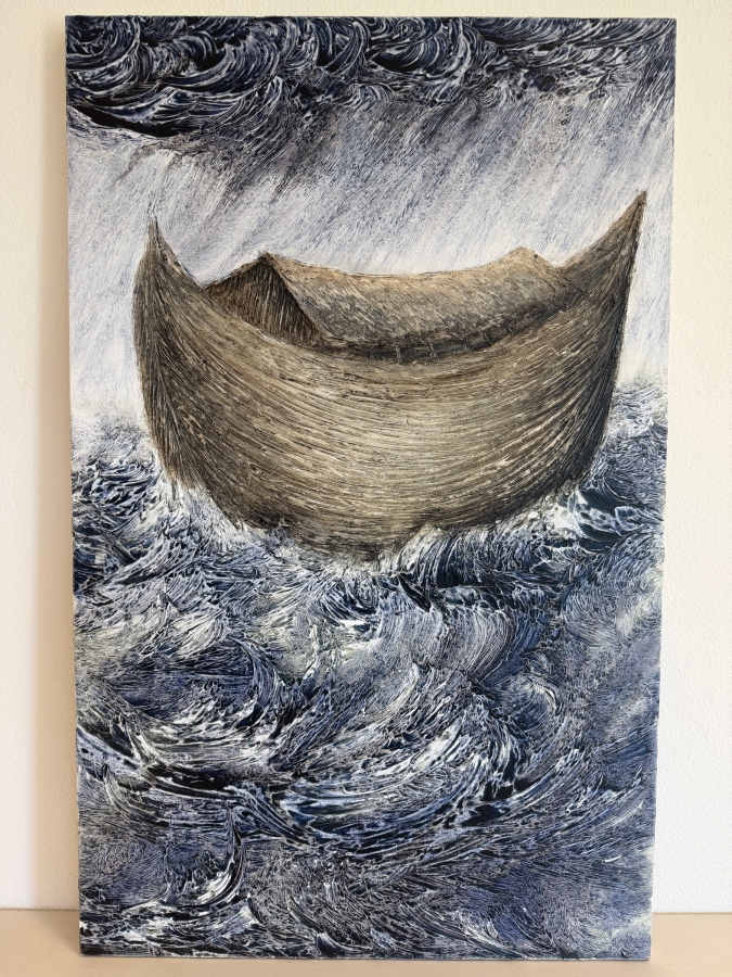 Gerrit Greve (1948-2024, Cardiff by the Sea, CA) Original Acrylic Diptych Painting On Canvas Titled 'Noah's Ark The 33rd Day' 2004 Signed Verso 30 X 48 Estimate $1,400 - $1,800 [Photo 2]