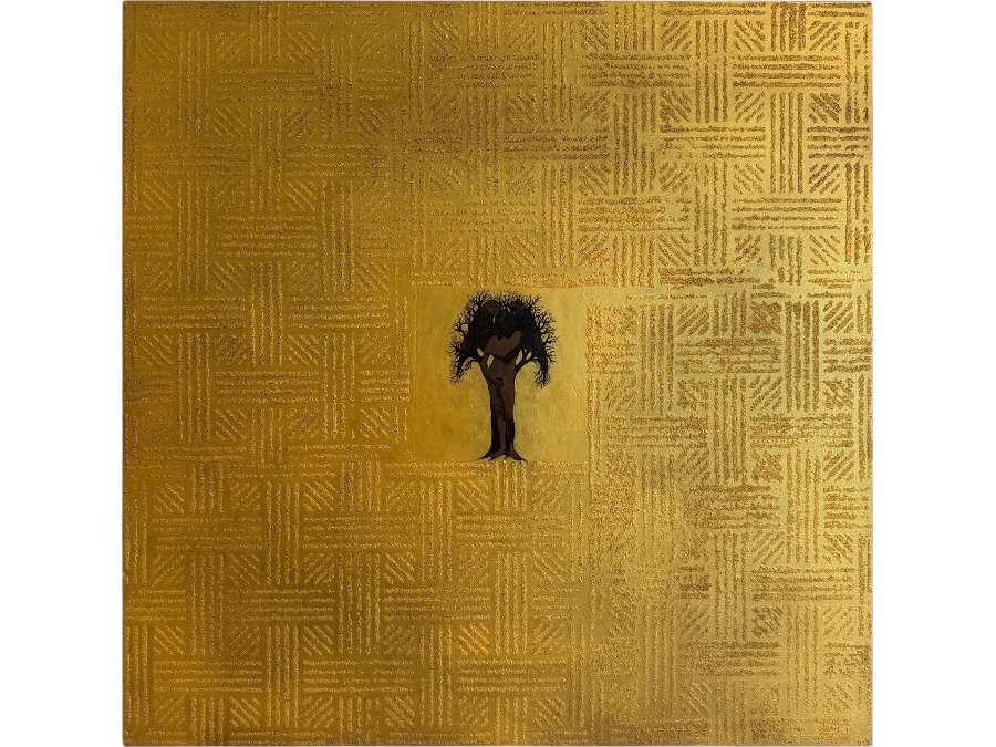 Gerrit Greve (1948-2024, Cardiff by the Sea, CA) Original Acrylic Mixed-Media Sand Painting On Canvas Titled 'Eve Redeemed' 2001 Signed Verso 36 X 36 Estimate $1,300 - $1,600