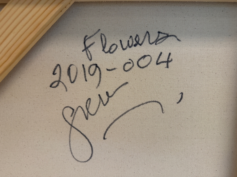 Gerrit Greve (1948-2024, Cardiff by the Sea, CA) Original Acrylic Painting On Canvas Titled 'Flowers' 2019 Signed Bottom Left And Verso 36 X 36 Estimate $1,300 - $1,600 [Photo 4]