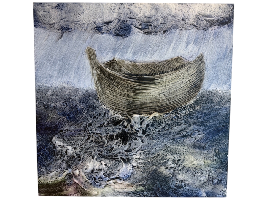 Gerrit Greve (1948-2024, Cardiff by the Sea, CA) Original Acrylic Mixed-Media Sand Painting On Canvas Titled 'Noah's Ark The 36th Day' 2008 Signed Verso 36 X 36 Estimate $1,300 - $1,600