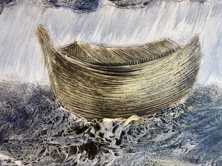 Gerrit Greve (1948-2024, Cardiff by the Sea, CA) Original Acrylic Mixed-Media Sand Painting On Canvas Titled 'Noah's Ark The 36th Day' 2008 Signed Verso 36 X 36 Estimate $1,300 - $1,600 [Photo 4]