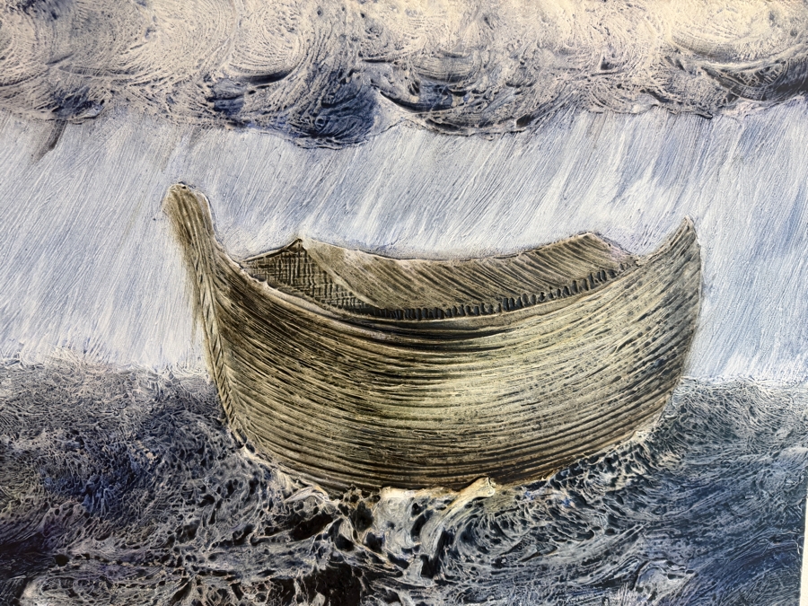 Gerrit Greve (1948-2024, Cardiff by the Sea, CA) Original Acrylic Mixed-Media Sand Painting On Canvas Titled 'Noah's Ark The 36th Day' 2008 Signed Verso 36 X 36 Estimate $1,300 - $1,600 [Photo 5]