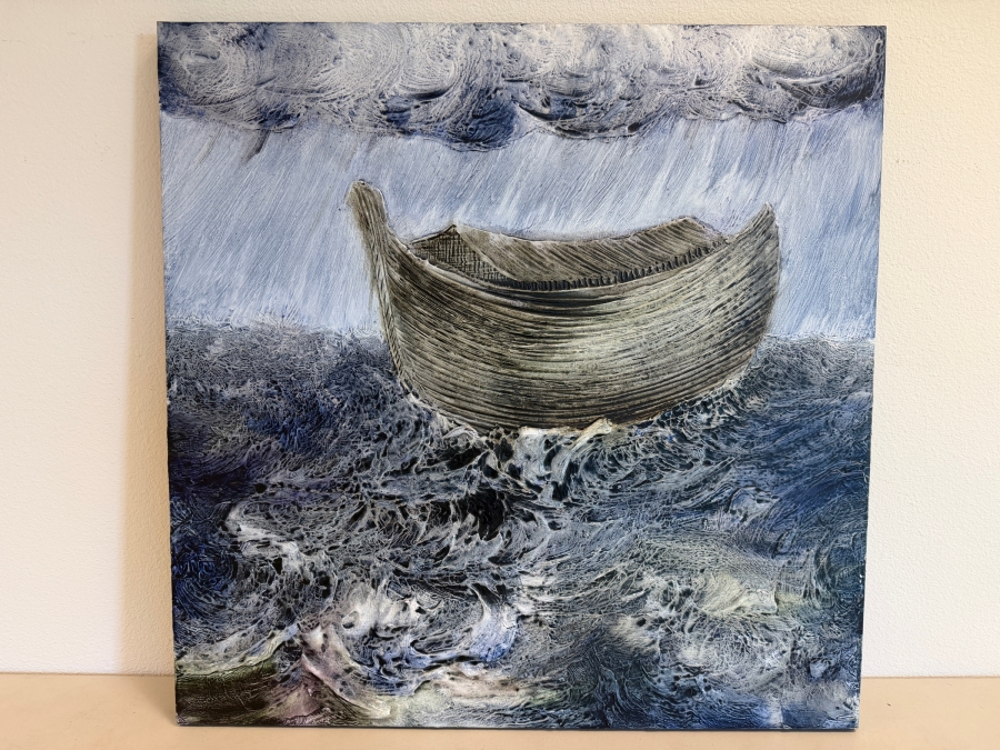 Gerrit Greve (1948-2024, Cardiff by the Sea, CA) Original Acrylic Mixed-Media Sand Painting On Canvas Titled 'Noah's Ark The 36th Day' 2008 Signed Verso 36 X 36 Estimate $1,300 - $1,600 [Photo 2]