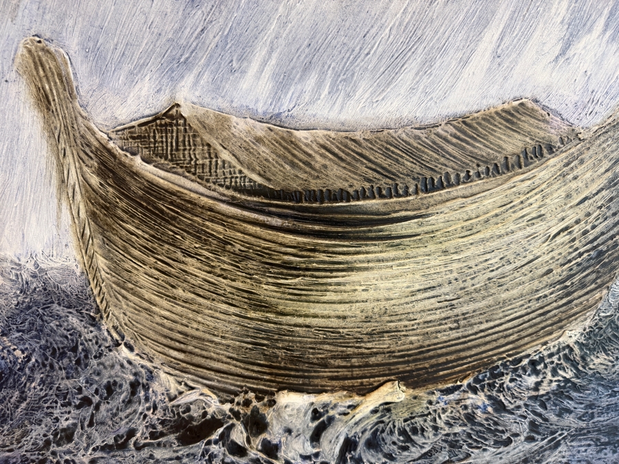 Gerrit Greve (1948-2024, Cardiff by the Sea, CA) Original Acrylic Mixed-Media Sand Painting On Canvas Titled 'Noah's Ark The 36th Day' 2008 Signed Verso 36 X 36 Estimate $1,300 - $1,600 [Photo 6]
