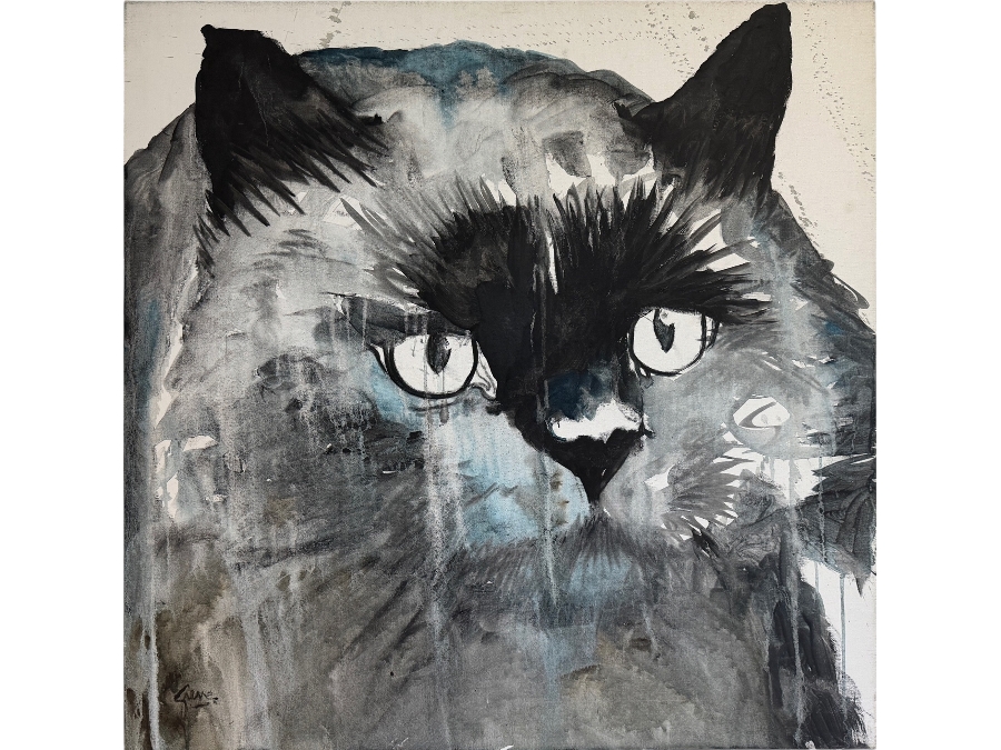Gerrit Greve (1948-2024, Cardiff by the Sea, CA) Original Acrylic Painting On Canvas Titled 'Big Black Cat' Signed Bottom Left 36 X 36 Estimate $1,300 - $1,600