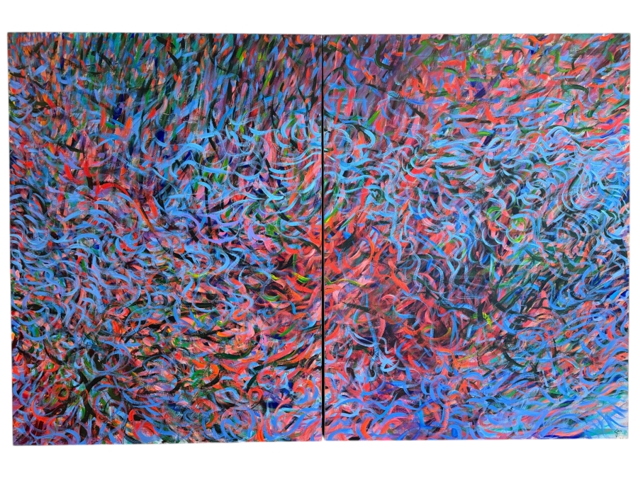 Gerrit Greve (1948-2024, Cardiff by the Sea, CA) Original Acrylic Diptych Painting On Canvas Titled 'Synchronized Currents' Signed Bottom Right And Verso 72 X 48 Estimate $3,400 - $4,400
