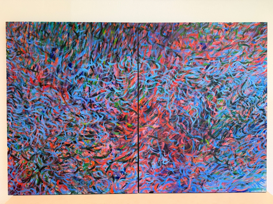 Gerrit Greve (1948-2024, Cardiff by the Sea, CA) Original Acrylic Diptych Painting On Canvas Titled 'Synchronized Currents' Signed Bottom Right And Verso 72 X 48 Estimate $3,400 - $4,400 [Photo 2]